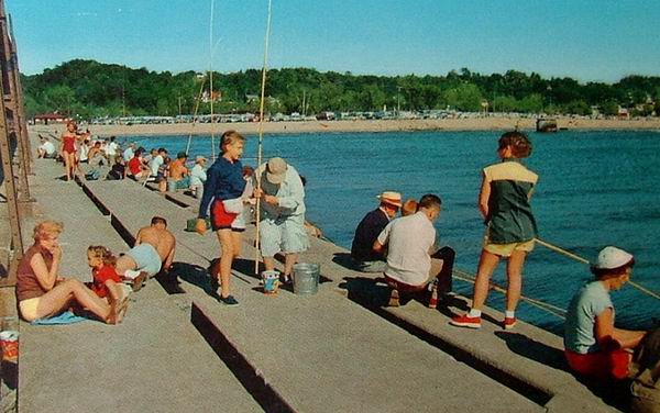 Grand Haven Michigan 1957 Postcard People Perch Fishing From Dock (newer photo)